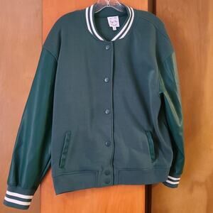 Girls Hippie Rose Juniors Bomber Jacket Leather Faux Sleeves XL Green Preppy